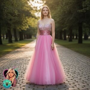 Posh Pink Beaded Bodice Strapless Lace‎ Up Tulle Prom Gown Evening Dress Size 00